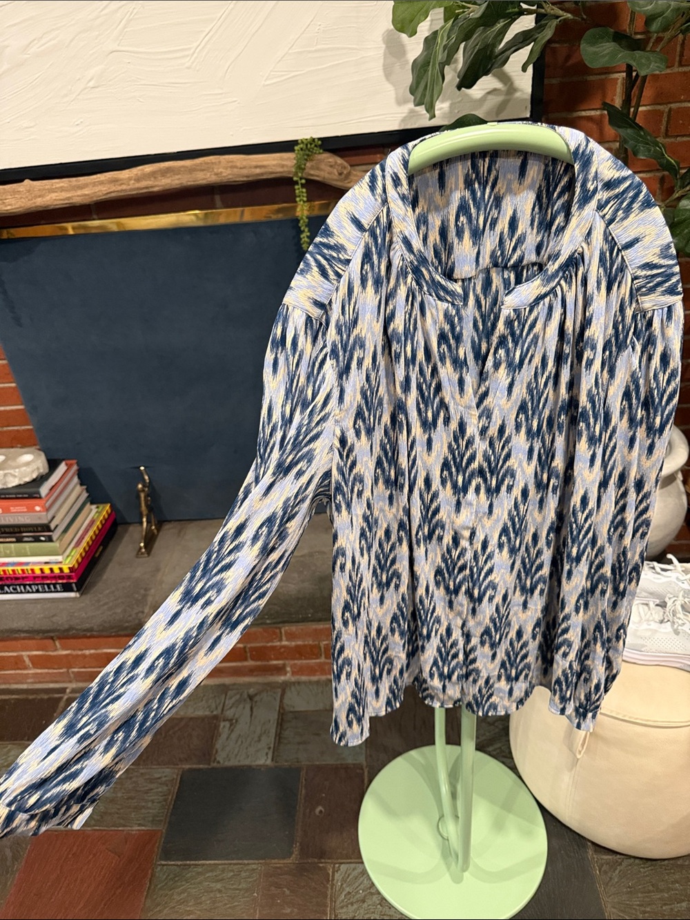 Blue Ikat-Pattern Long Sleeve Women's Top